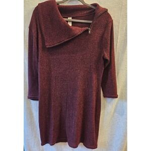 No Boundaries Ribbed Knit Sweater Dress XL Burgundy Asymmetrical Zip Collar